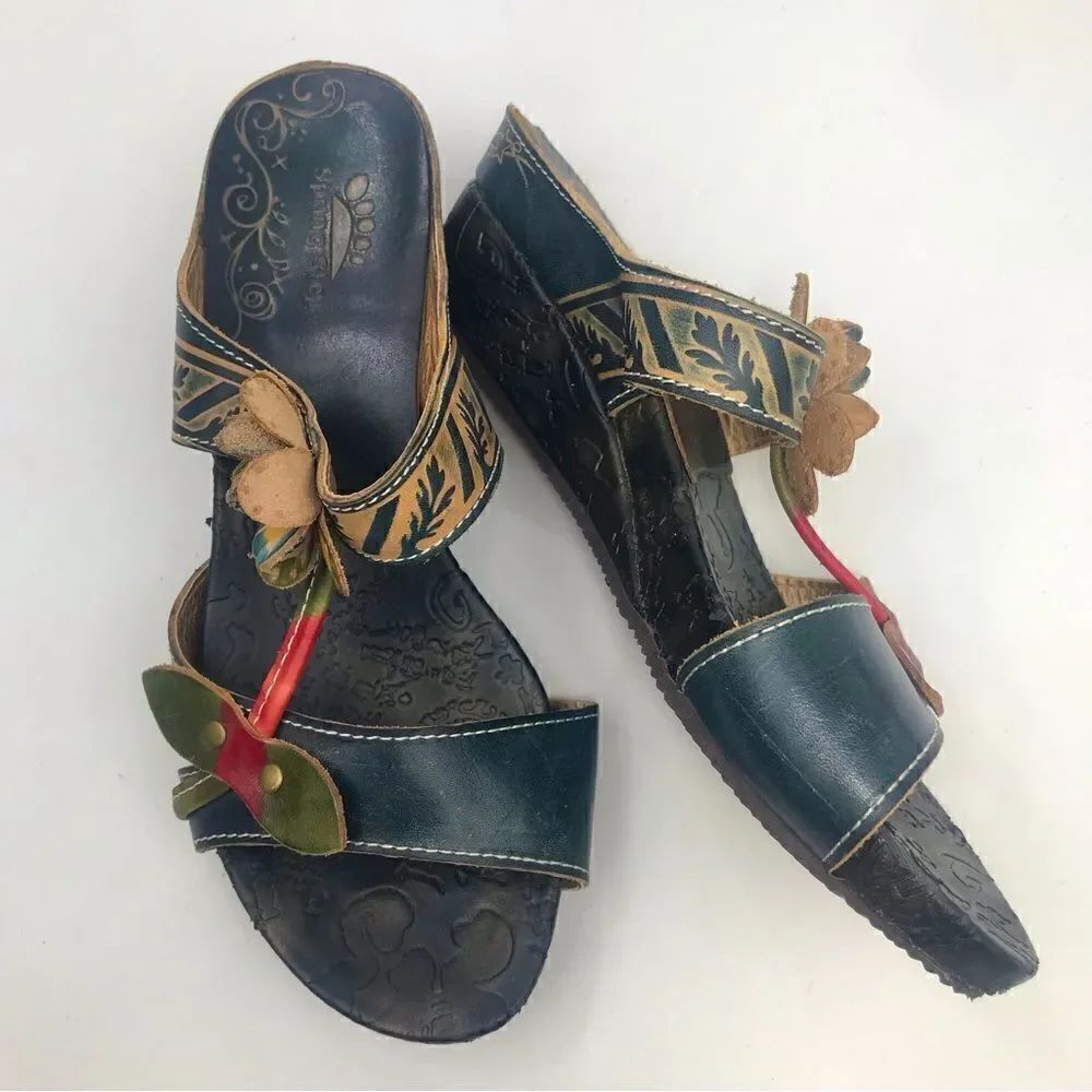 Spring Step Tooled Leather Colorful Flower Slip On Wedge Sandals - Picture 2 of 13